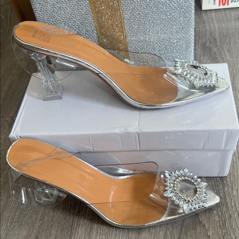 Silver Embellished Slingback Heels with Clear Accents